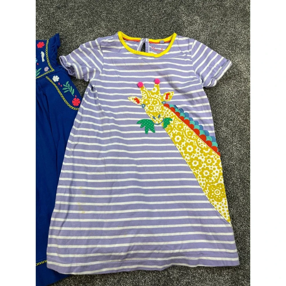 Mini Boden 2 pc Dresses Embroidered Blue Florals and Striped Giraffe Girls 4-5Y